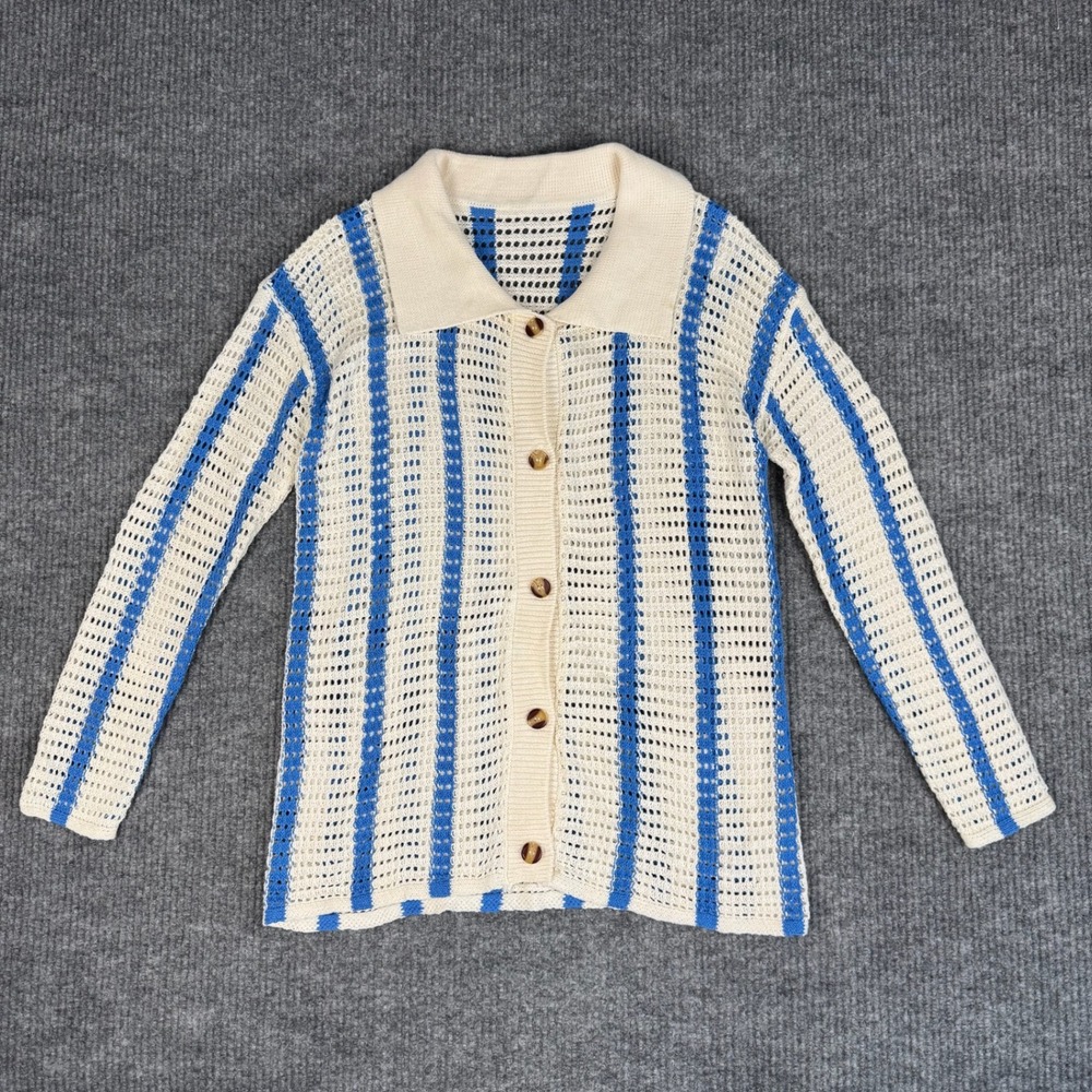 Cardigan Womens M Blue Cream Open Knit Crochet Stripe Collared Button Front